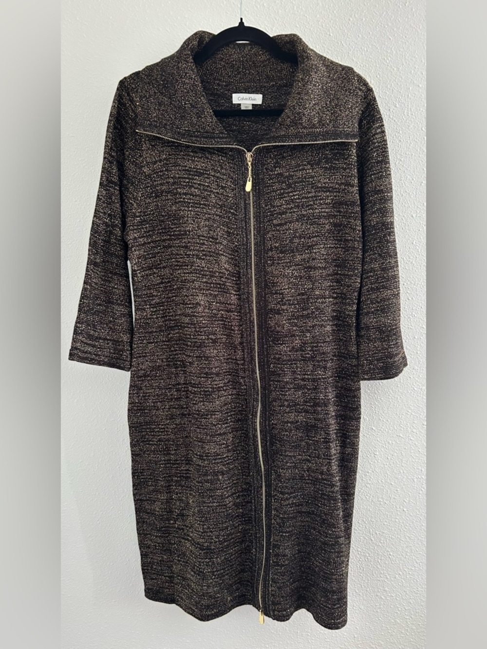 Calvin Klein Metallic Gold and Black Zip-Front Long Sleeve Dress
